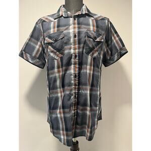 Helix Plaid Short Sleeve Button Down Shirt Athletic Fit Blue Orange Large JL